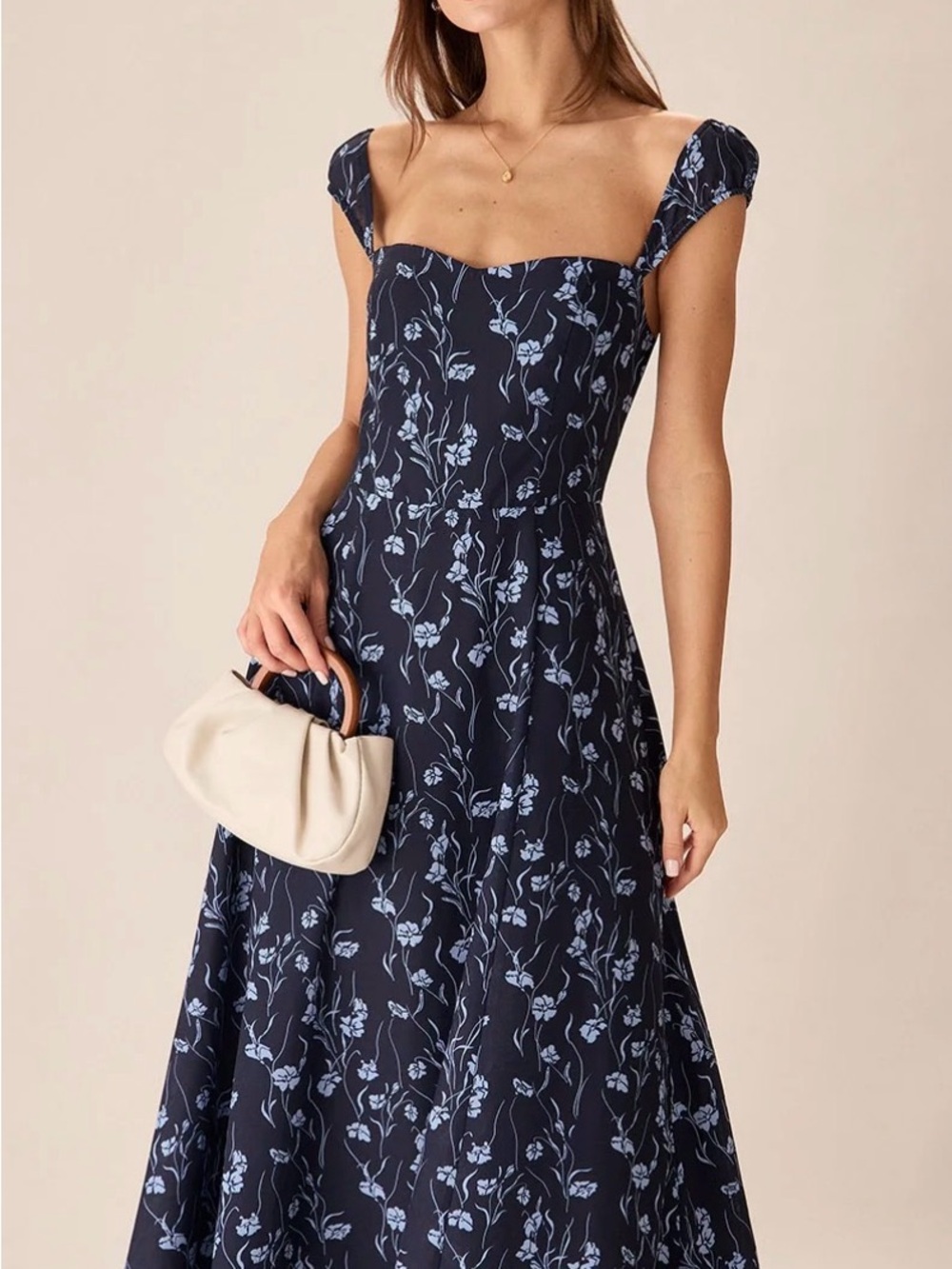 Women's Navy Floral Sweetheart-Neck Midi Dress
